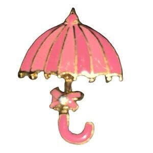 Adorable Girlhoodcore Pink  Enamel Umbrella Brooch w  Bow and Rhinestone